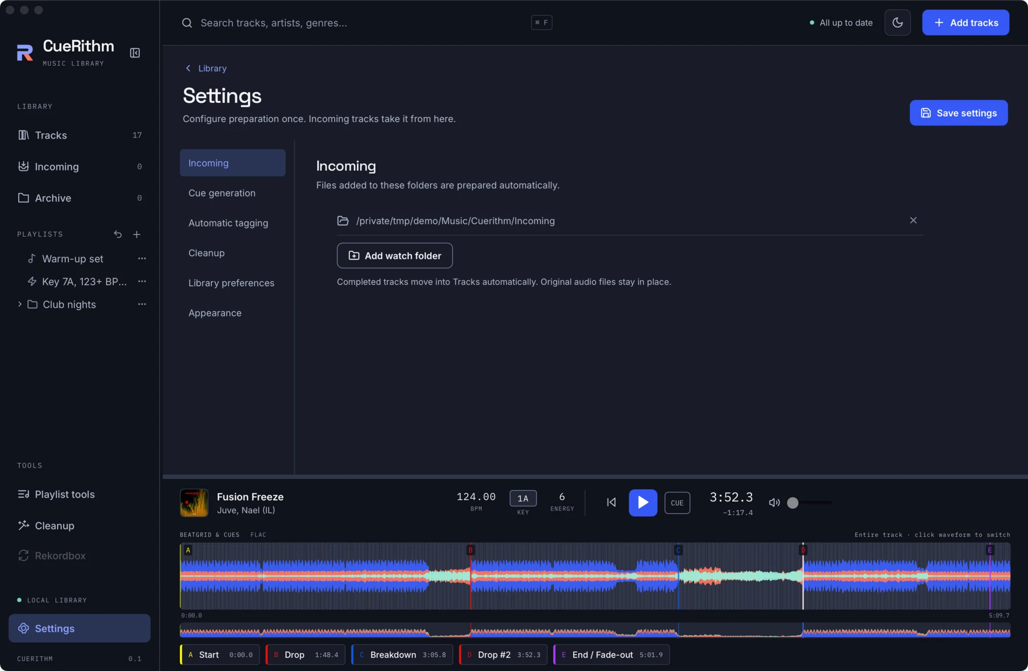 Settings, Incoming page, listing a watch folder