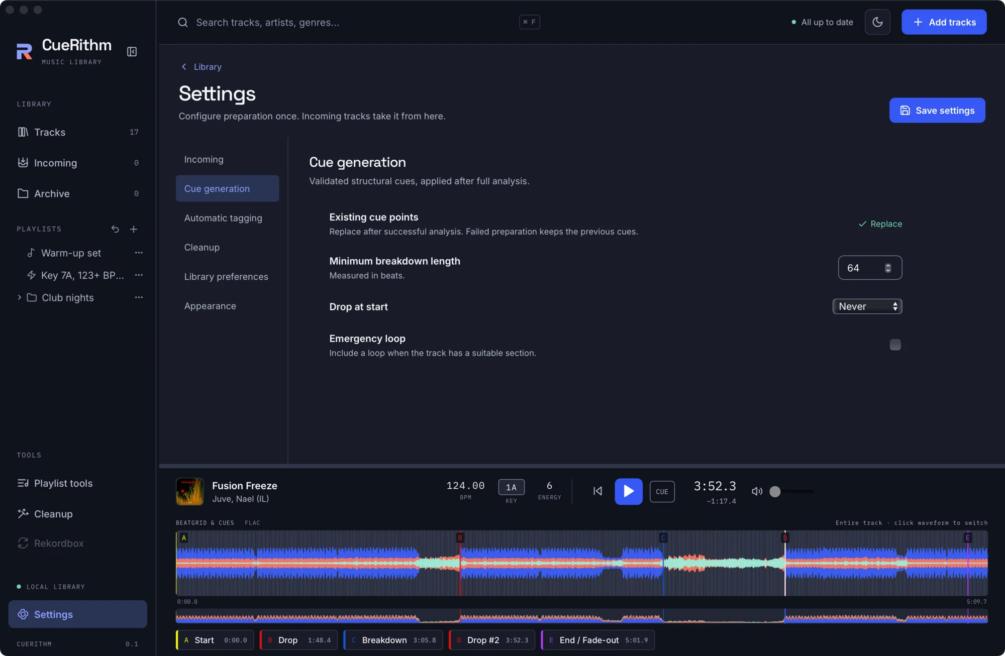 Cue generation settings