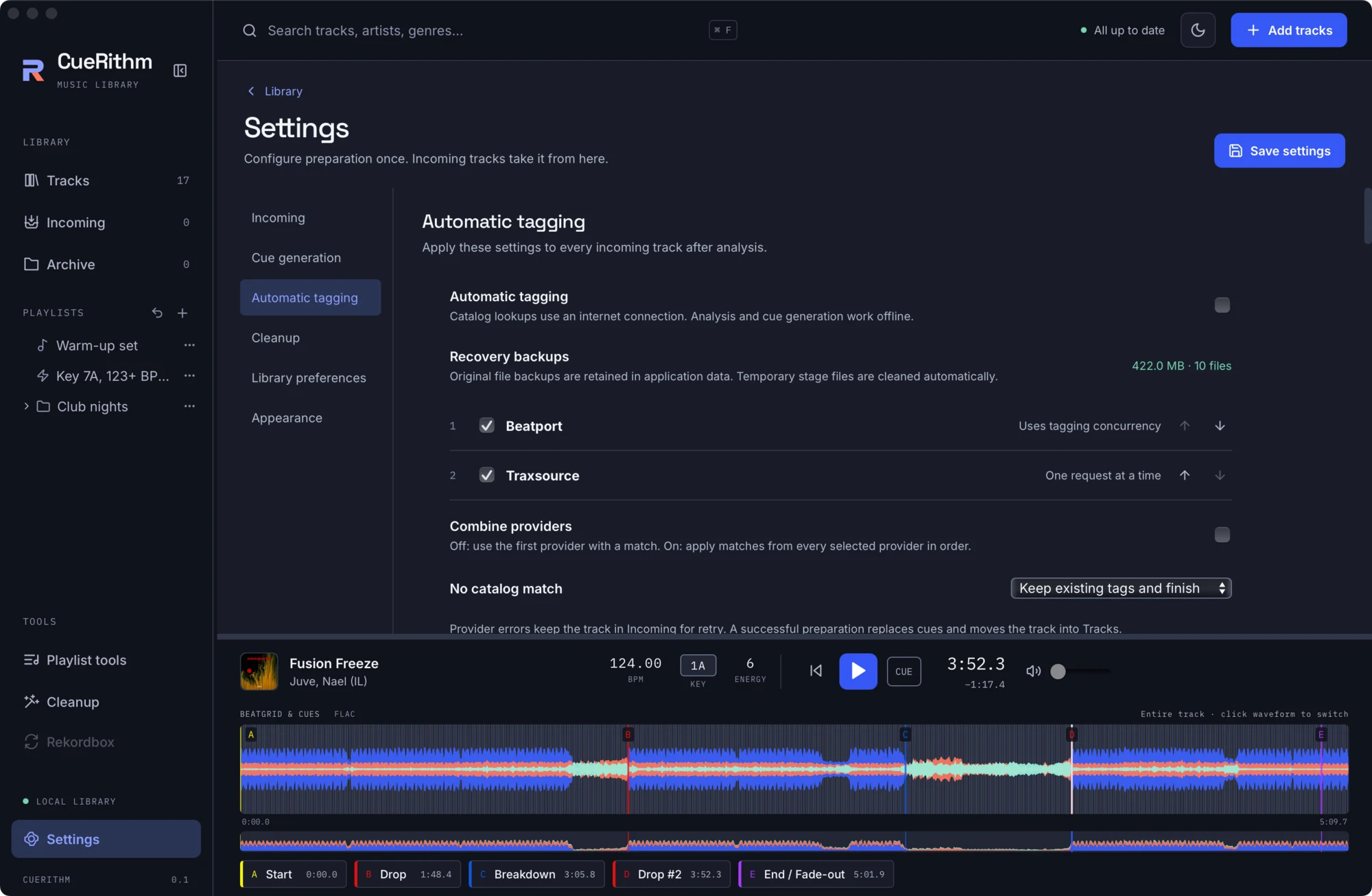 Settings, Automatic tagging page, with provider order Beatport then Traxsource
