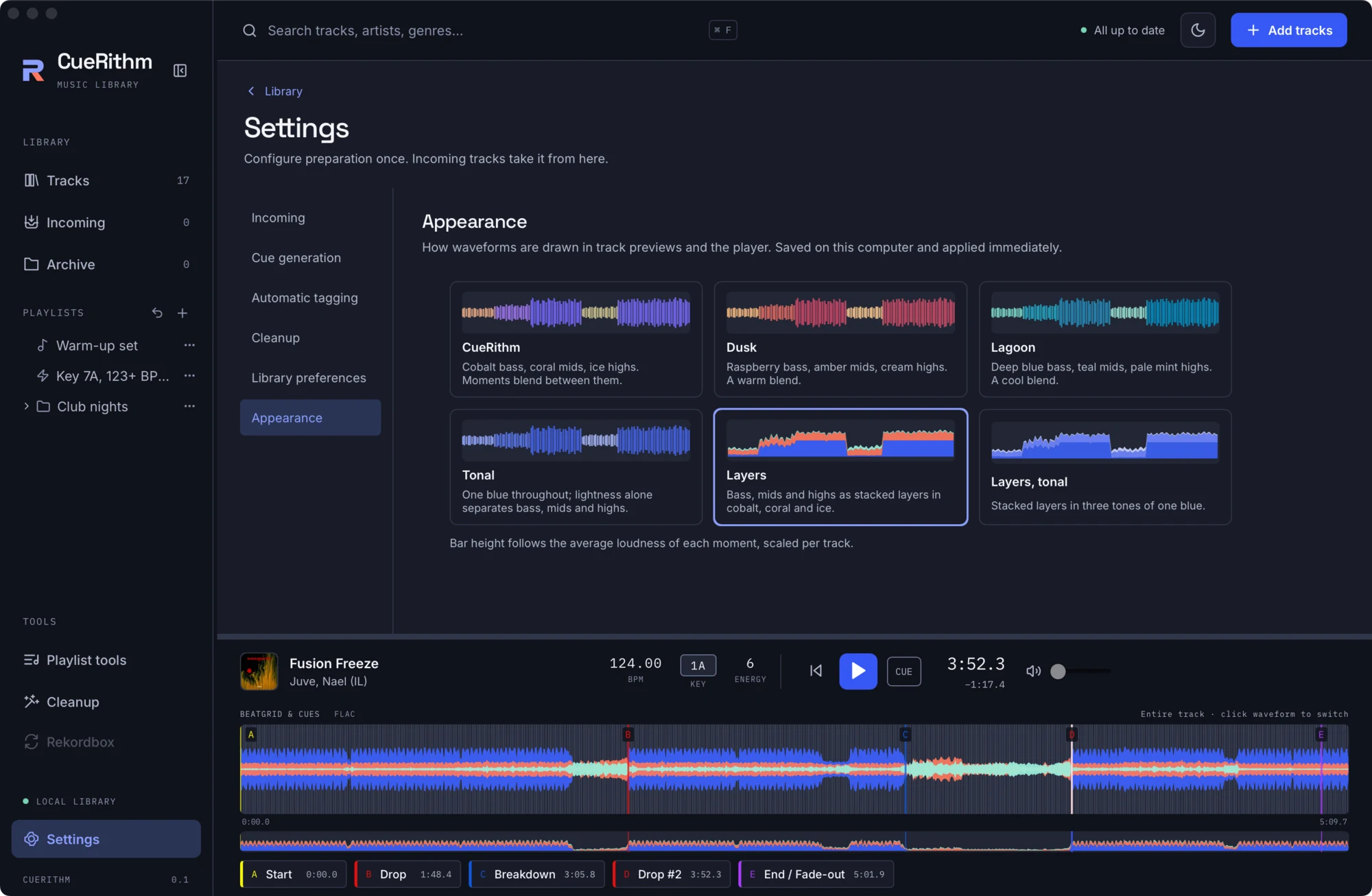 Appearance settings with six waveform style previews