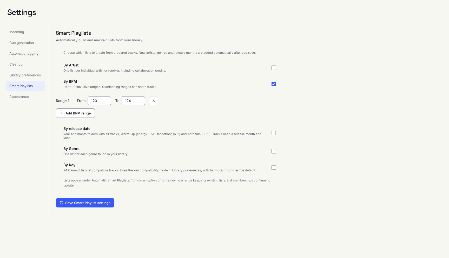 Smart Playlist settings with one configured BPM range