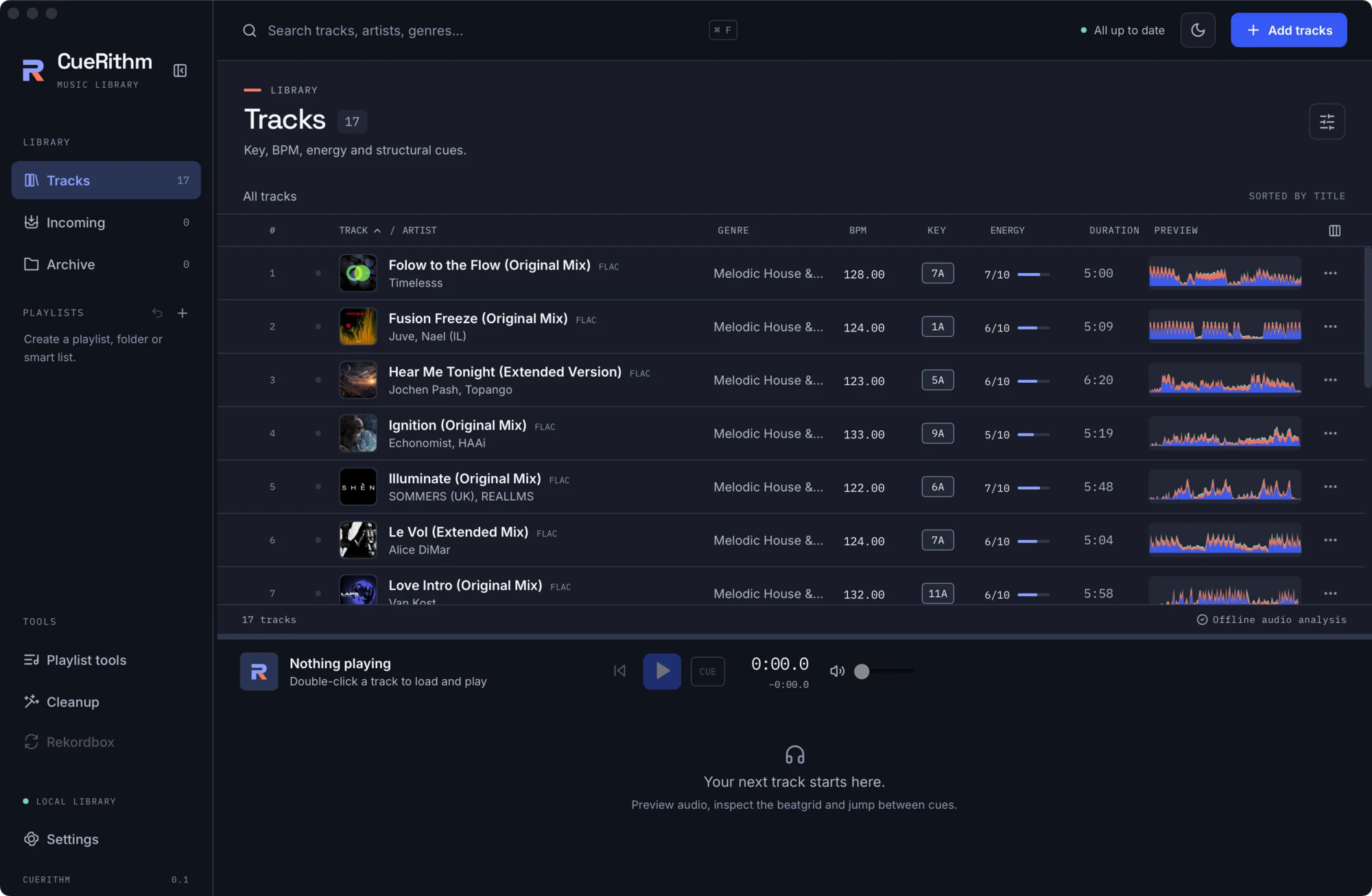 Tracks view with key, BPM, energy and waveform previews
