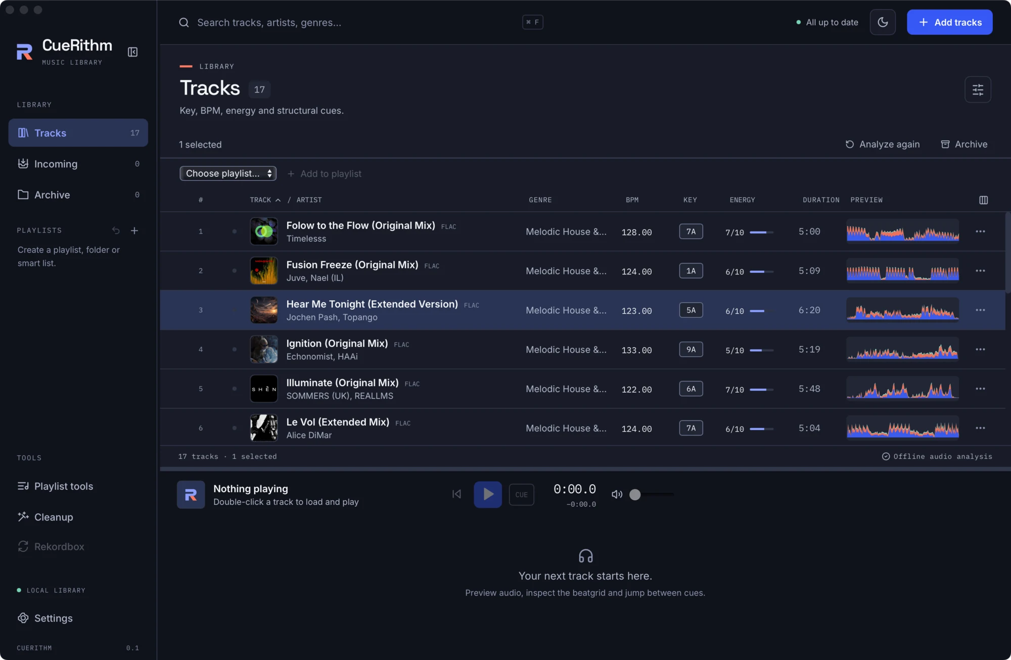Selection toolbar: Analyze again, Archive, and Choose playlist with Add to playlist
