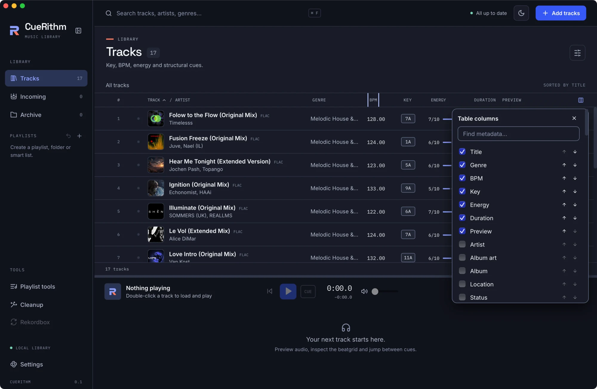 The Table columns dialog with a Find metadata box, checkboxes for Title, Genre, BPM, Key, Energy, Duration and Preview, and more columns such as Artist, Album art, Album, Location and Status