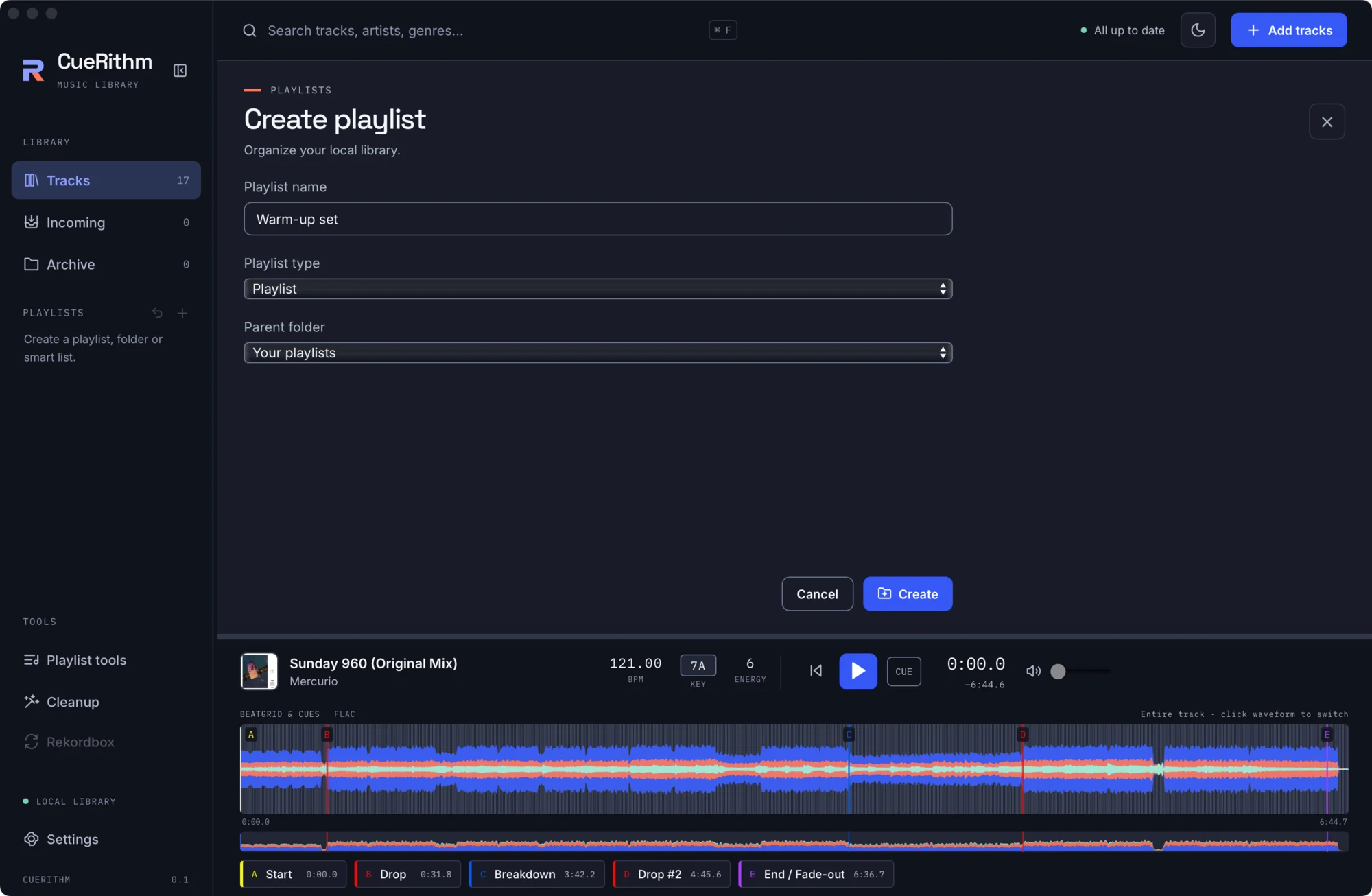 Create playlist form with a name, a type and a parent folder