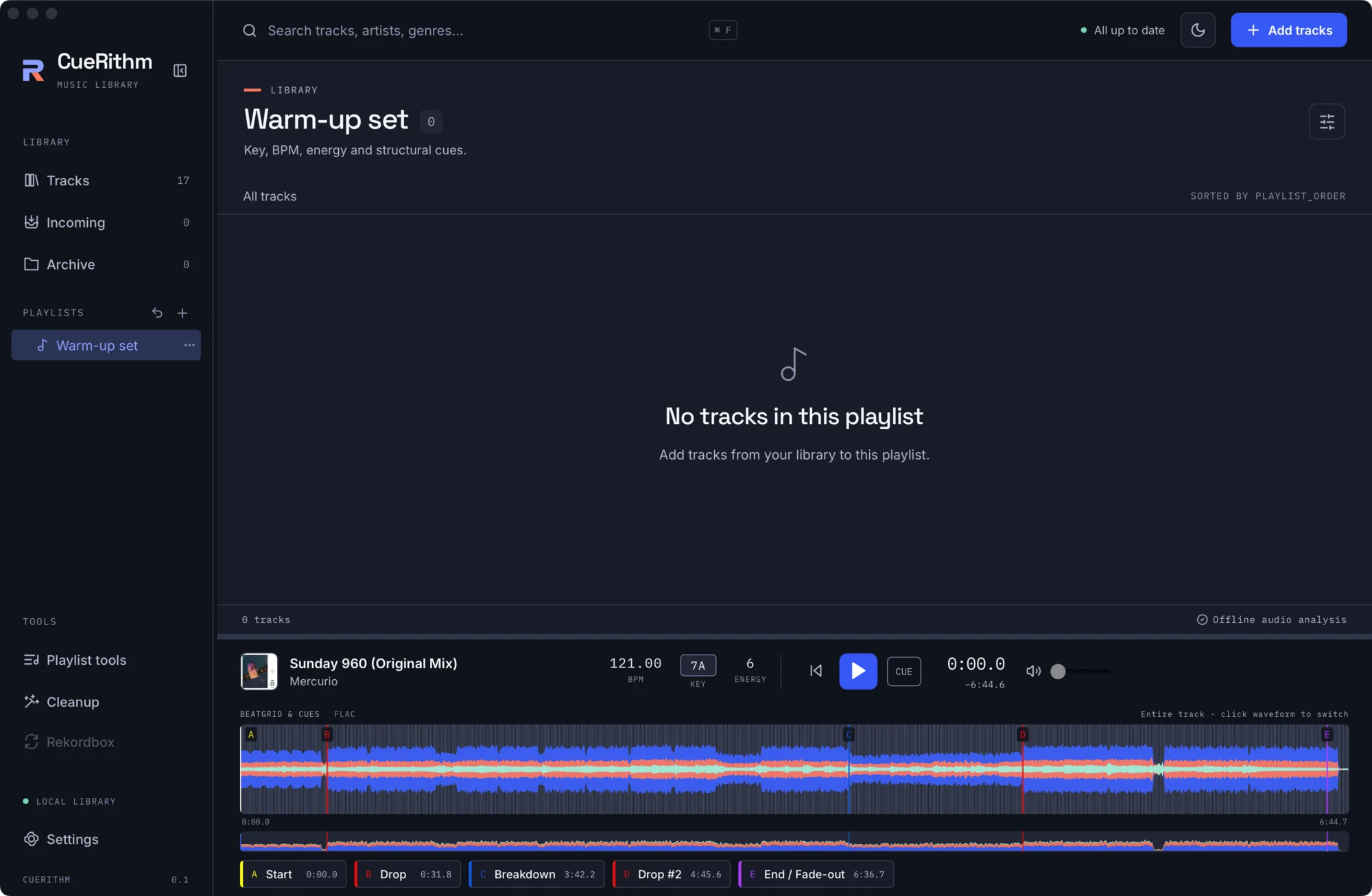 An empty playlist saying No tracks in this playlist