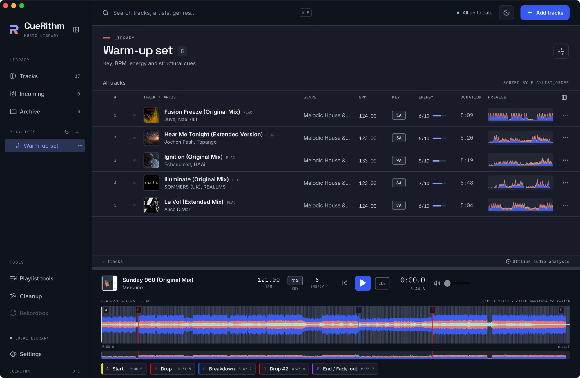 A playlist with five tracks in manual order