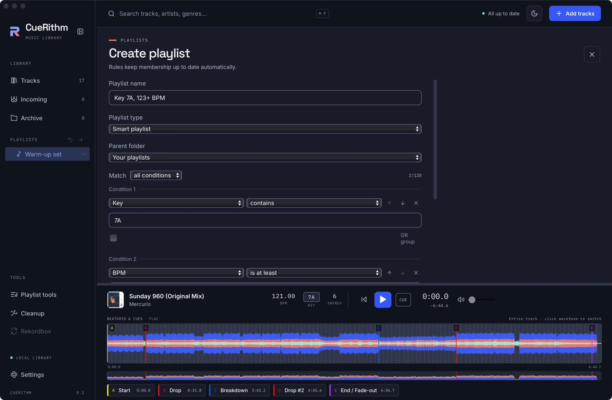 The smart playlist editor with a name, type Smart playlist, and conditions on Key and BPM