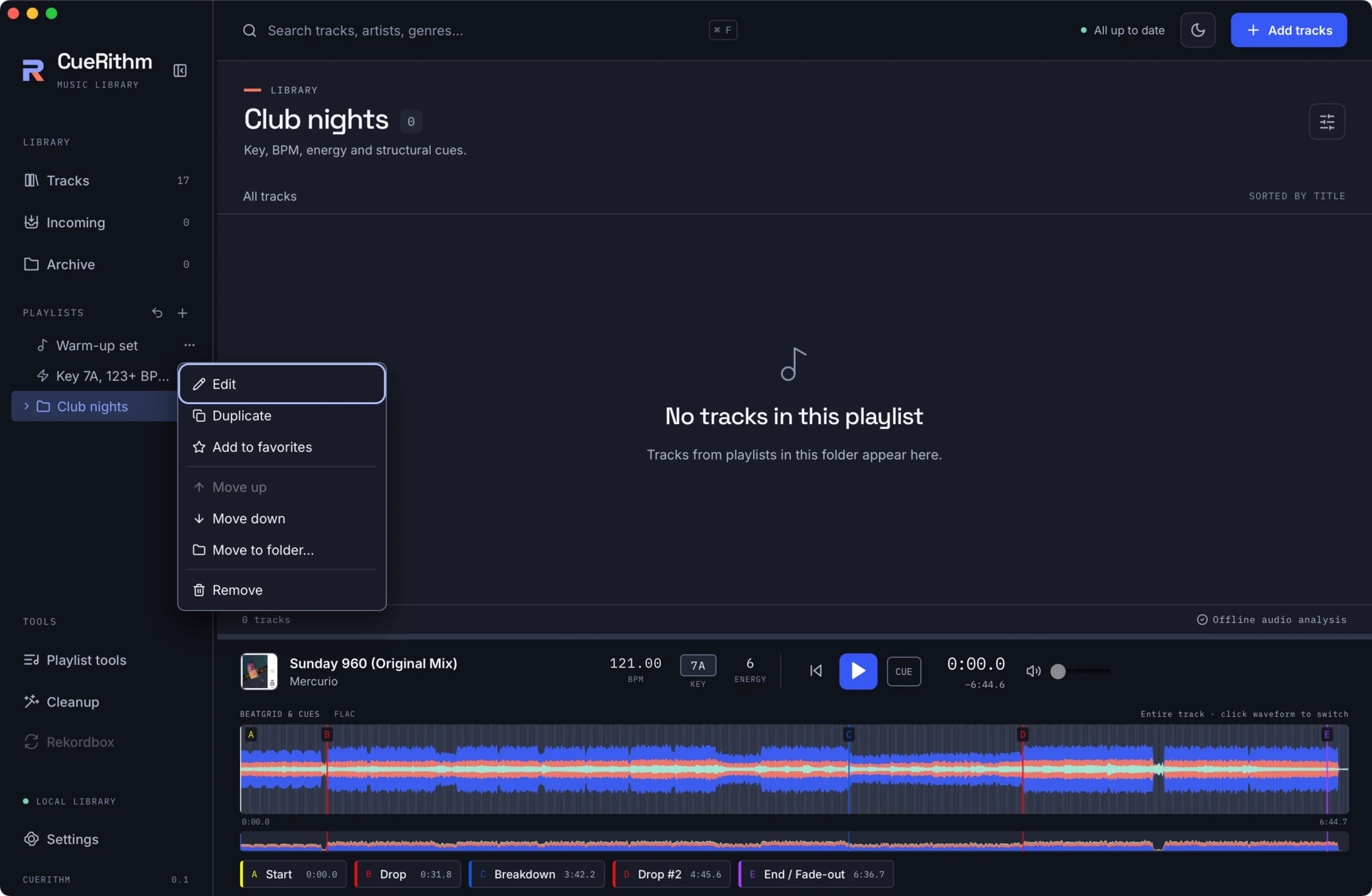 Playlist menu with Edit, Duplicate, Add to favorites, Move up, Move down, Move to folder and Remove