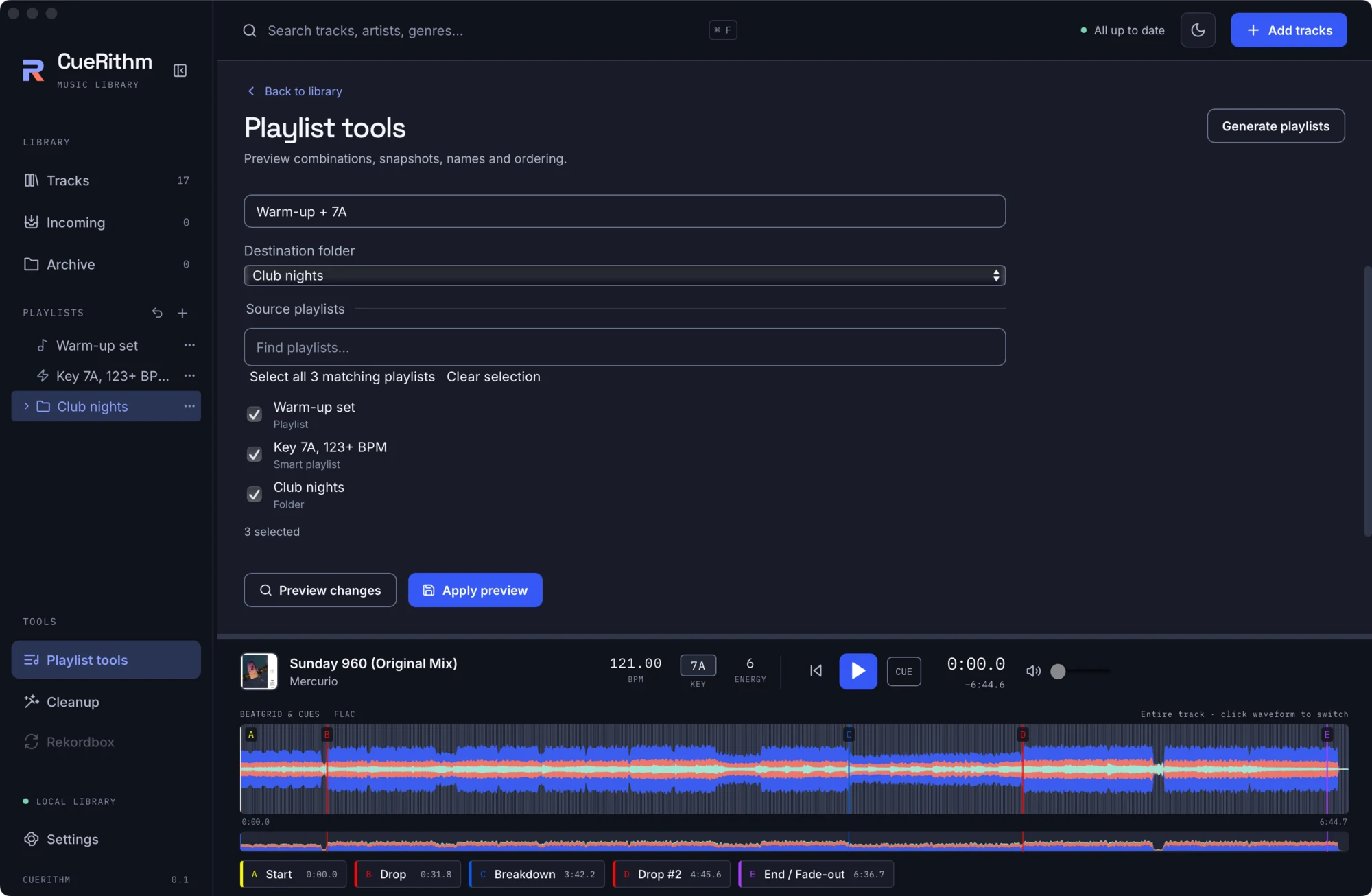 Playlist tools showing the Combine playlists tool
