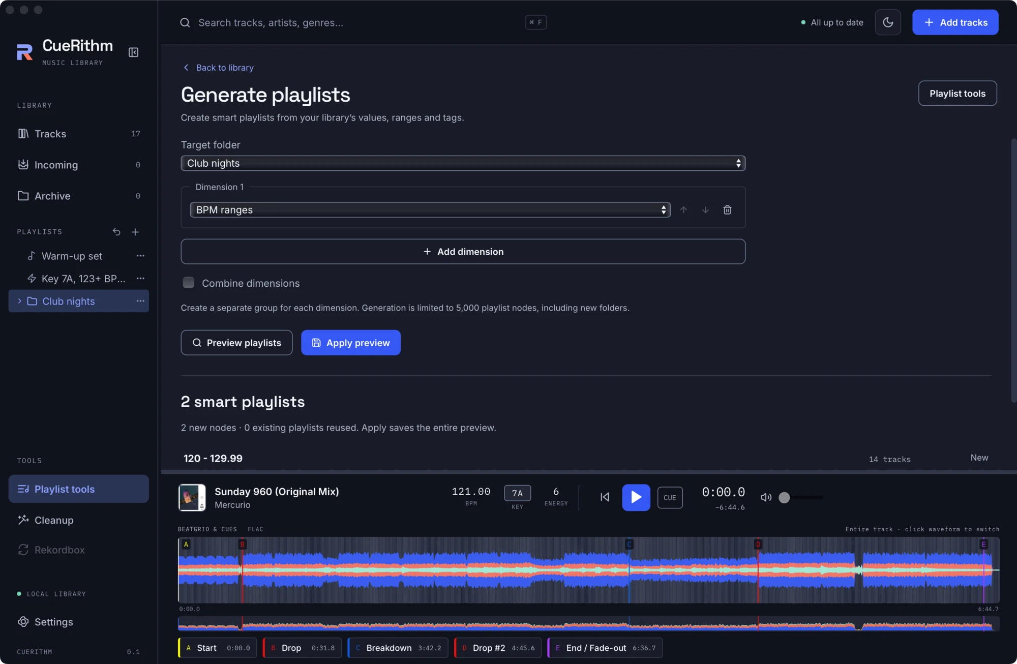 Generate playlists with a BPM ranges dimension and a preview of two smart playlists