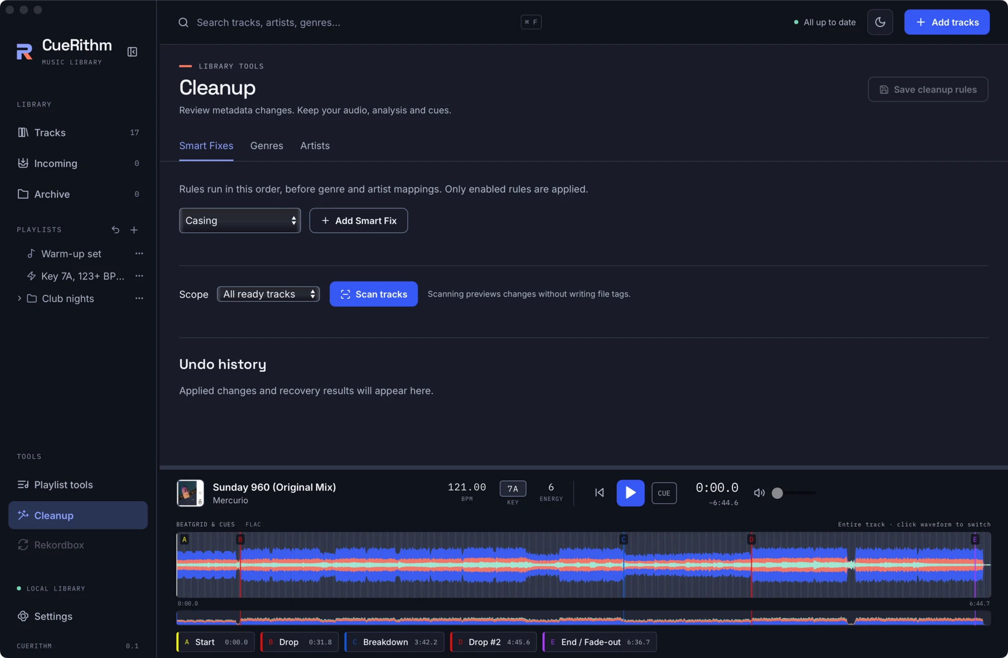 The Cleanup tool with the Smart Fixes tab and no rules yet