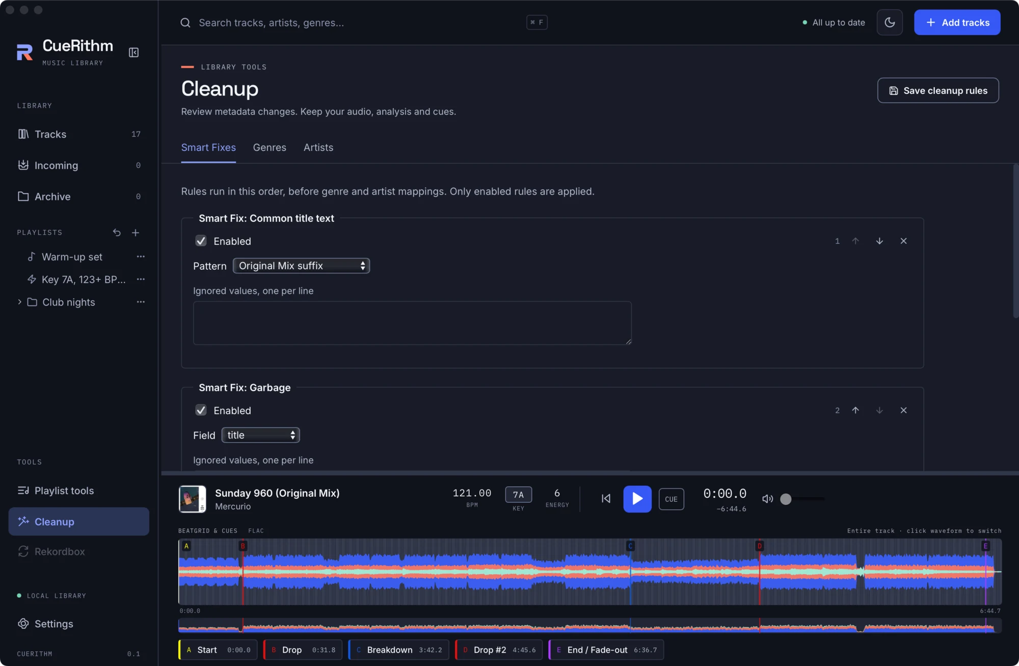 Smart Fixes tab with two rules, Common title text and Garbage