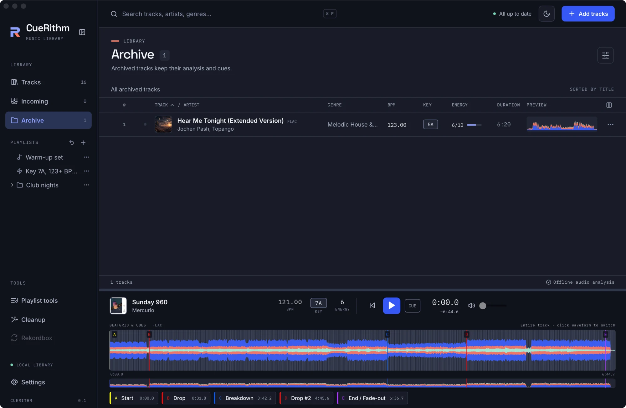 The Archive view with one track
